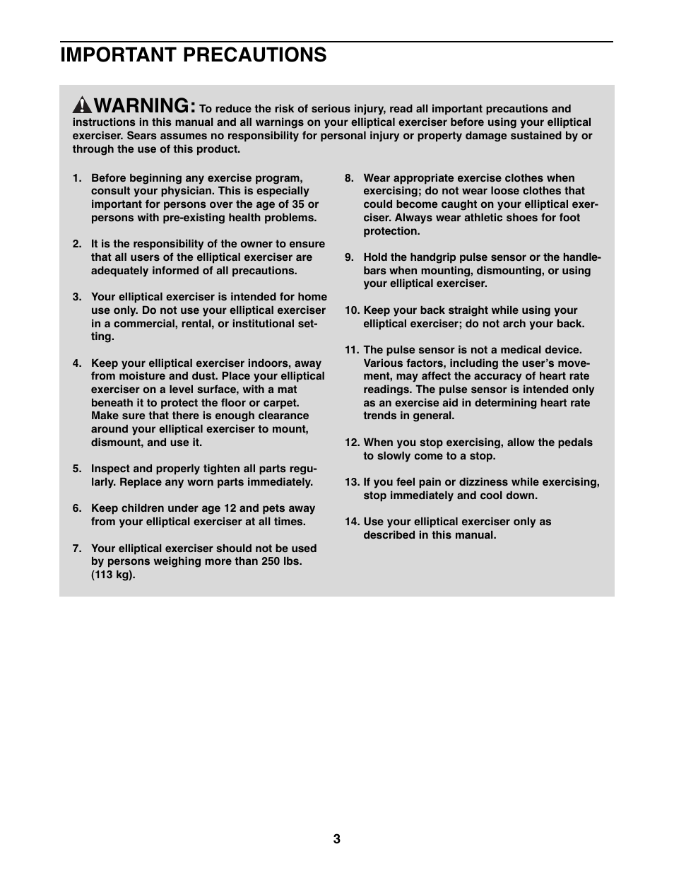 Warning, Important precautions | ProForm 15.5 s 831.28622.1 User Manual | Page 3 / 16