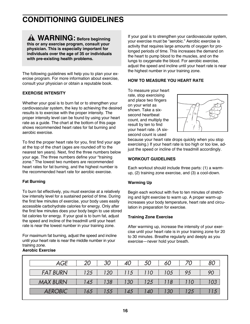 Conditioning guidelines warning | ProForm 831.298301 User Manual | Page 16 / 22