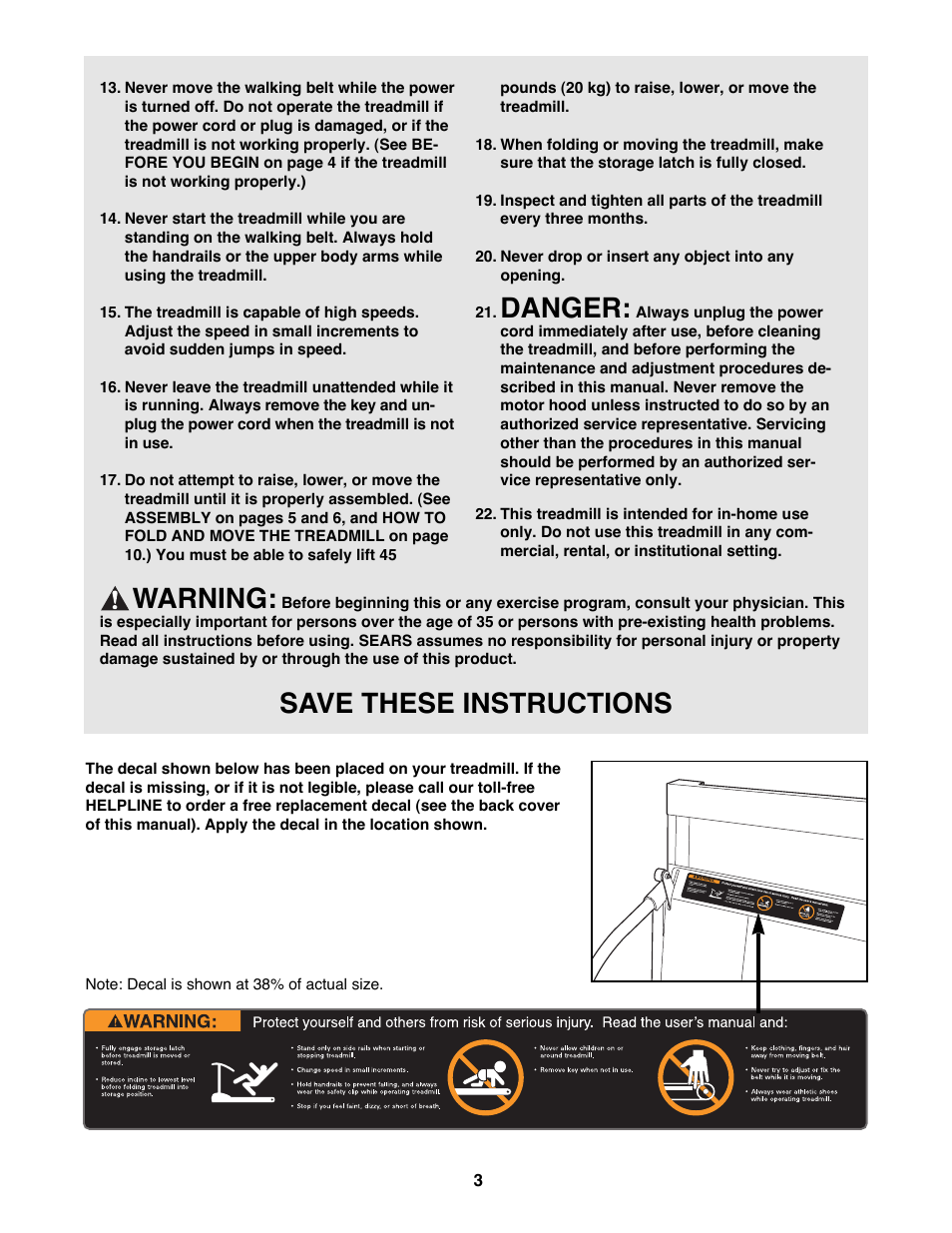 Danger, Warning, Save these instructions | ProForm 831.299420 User Manual | Page 3 / 18