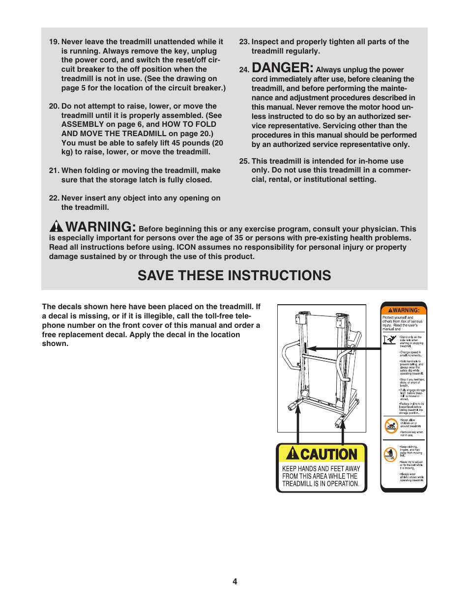 Danger, Warning, Save these instructions | ProForm C 525 PFTL49406.1 User Manual | Page 4 / 32