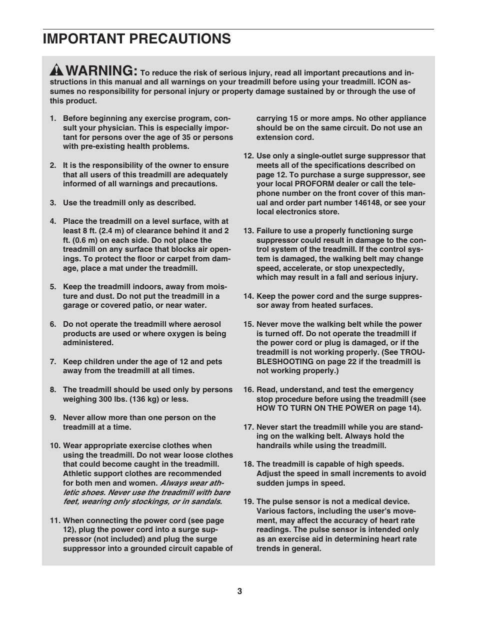 Warning, Important precautions | ProForm PFTL99507.1 User Manual | Page 3 / 32
