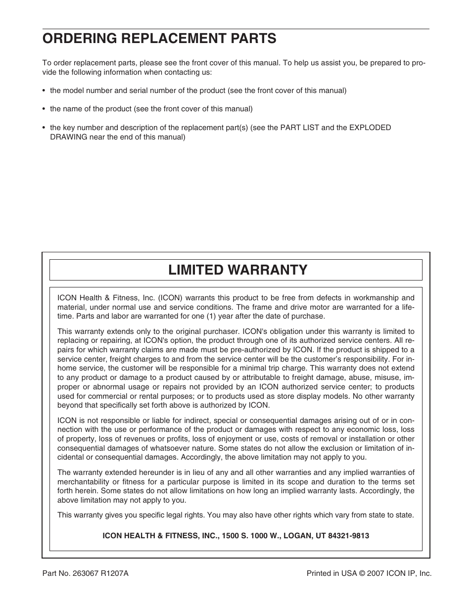 Ordering replacement parts, Limited warranty | ProForm PFTL99507.1 User Manual | Page 32 / 32