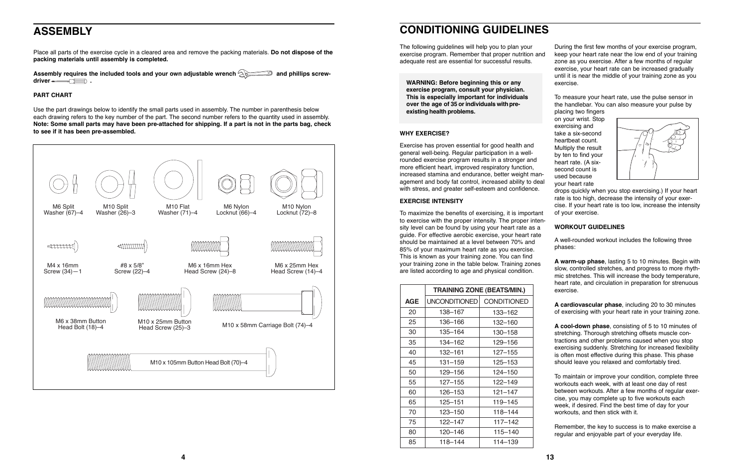 Conditioning guidelines, Assembly | ProForm PFEX97573 User Manual | Page 4 / 8
