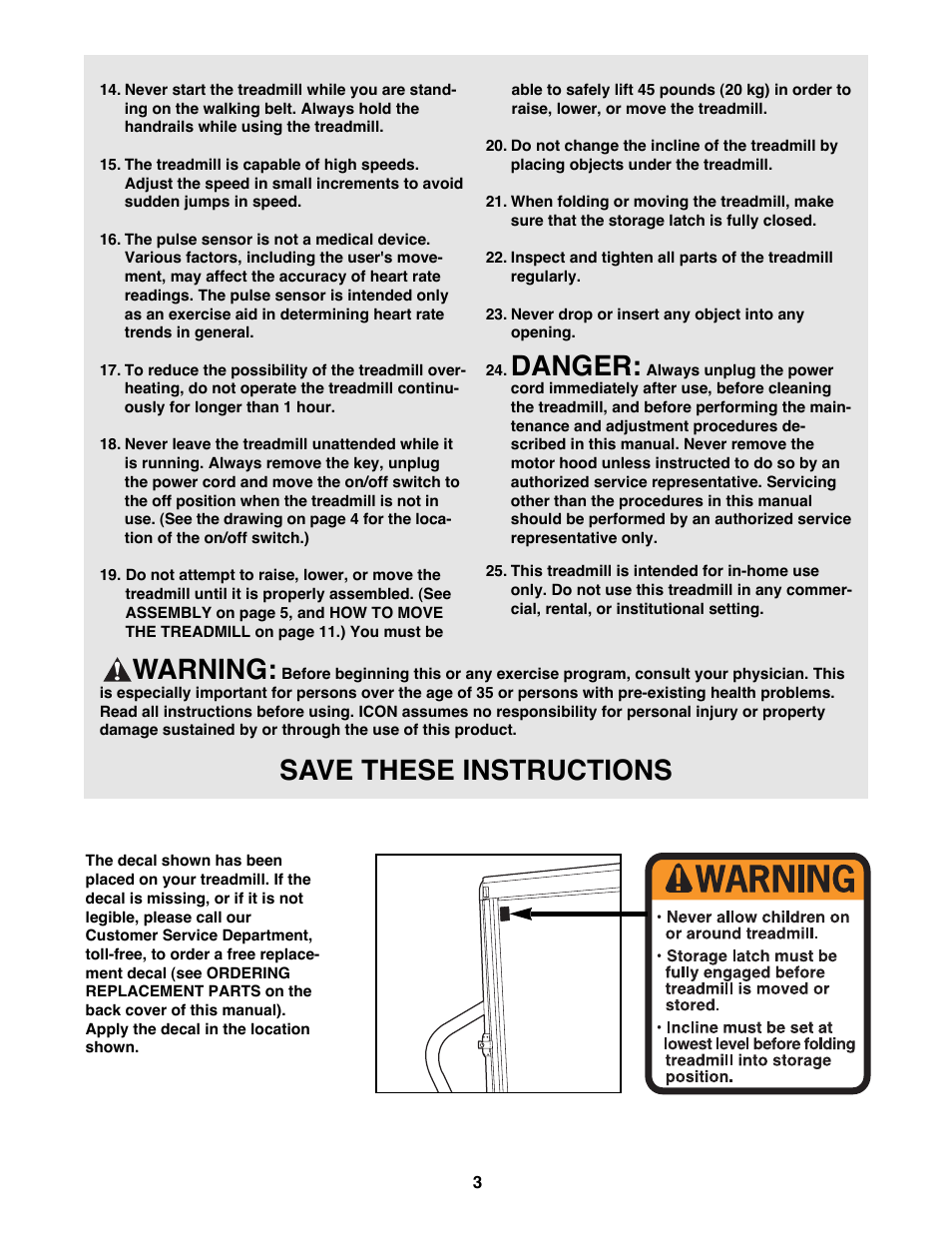 Danger, Warning, Save these instructions | ProForm 625EX User Manual | Page 3 / 18