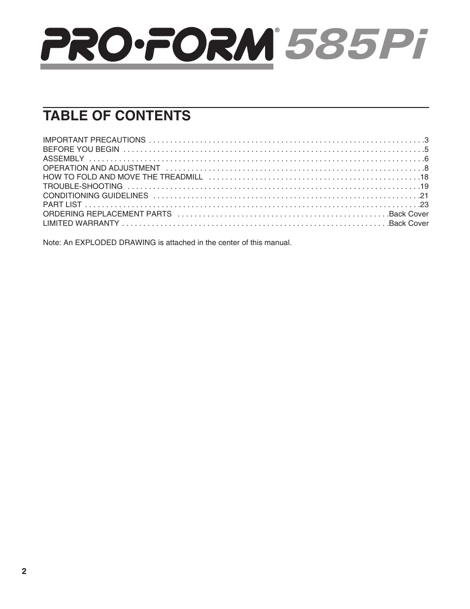 ProForm 585 PI User Manual | Page 2 / 26