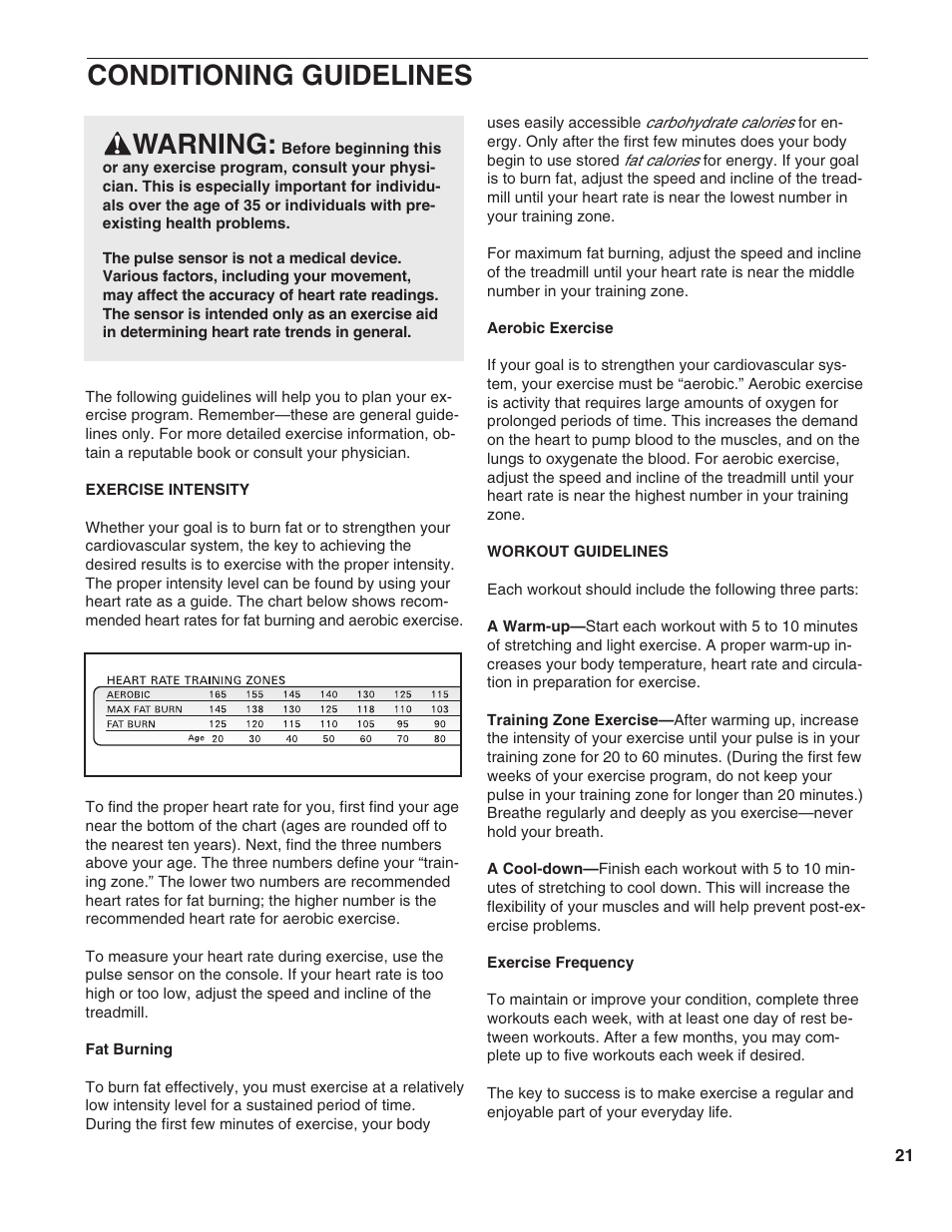 Conditioning guidelines, Warning | ProForm 585 PI User Manual | Page 21 / 26