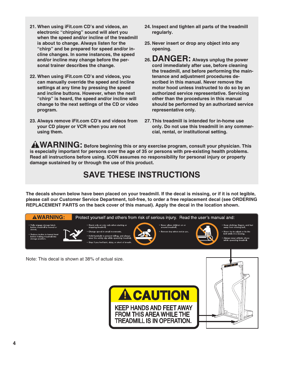 Danger, Warning, Save these instructions | ProForm 585 PI User Manual | Page 4 / 26