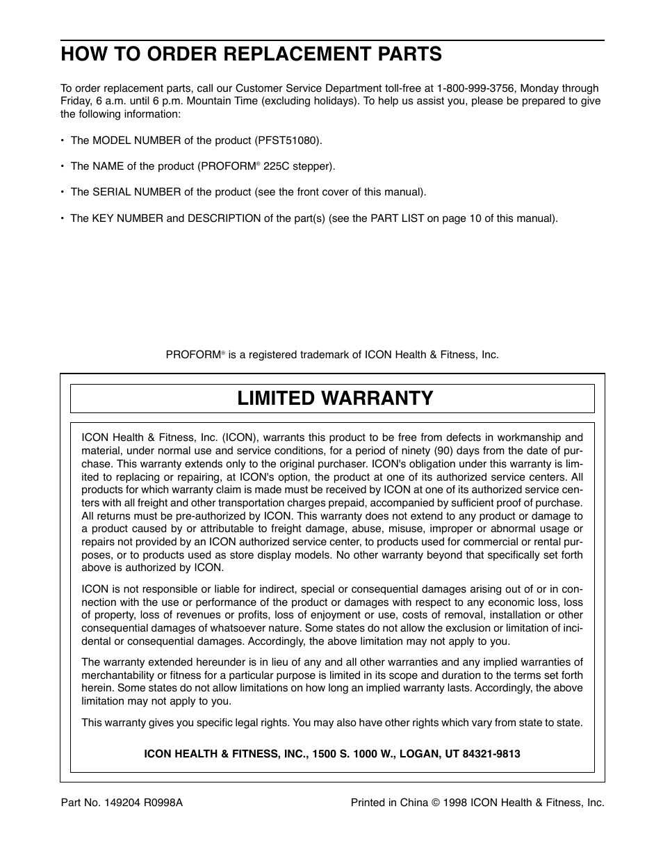 How to order replacement parts, Limited warranty | ProForm PFST51080 User Manual | Page 12 / 12