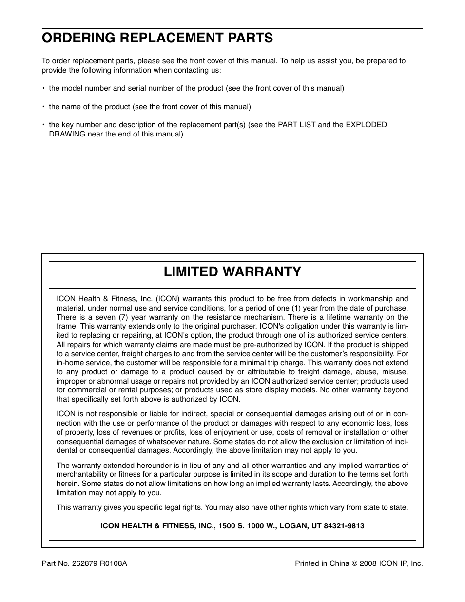 Ordering replacement parts, Limited warranty | ProForm PFEL05807 User Manual | Page 28 / 28