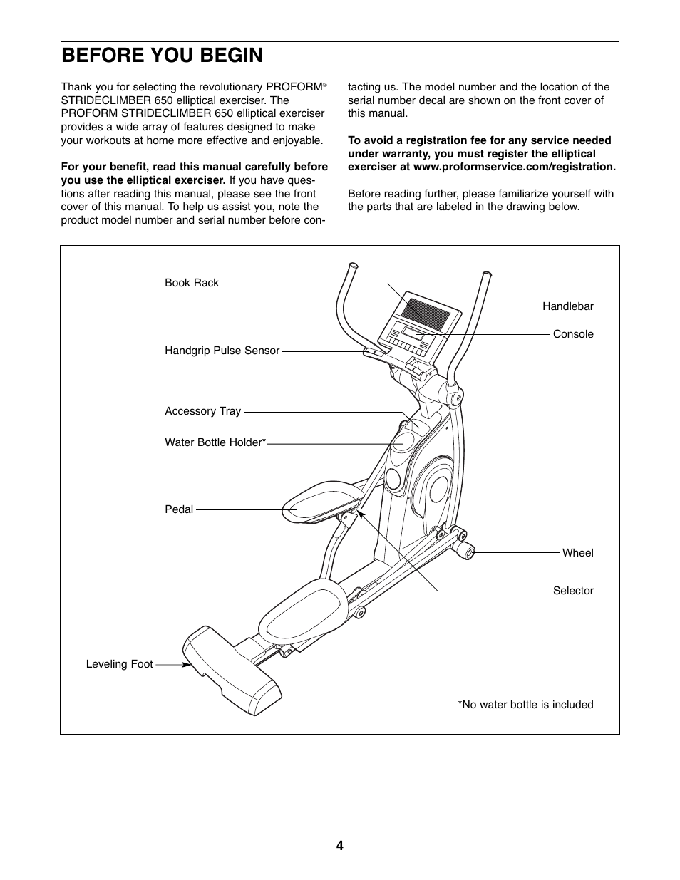Before you begin | ProForm PFEL05807 User Manual | Page 4 / 28