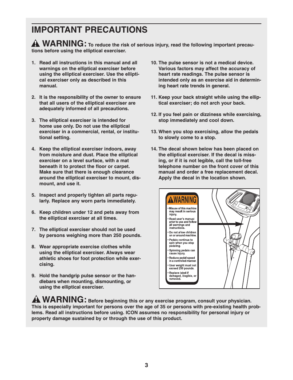 Important precautions warning, Warning | ProForm PFEL3926.1 User Manual | Page 3 / 20