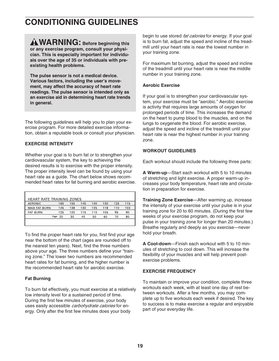 Conditioning guidelines, Warning | ProForm Crosswalk 831.29623.0 User Manual | Page 19 / 22