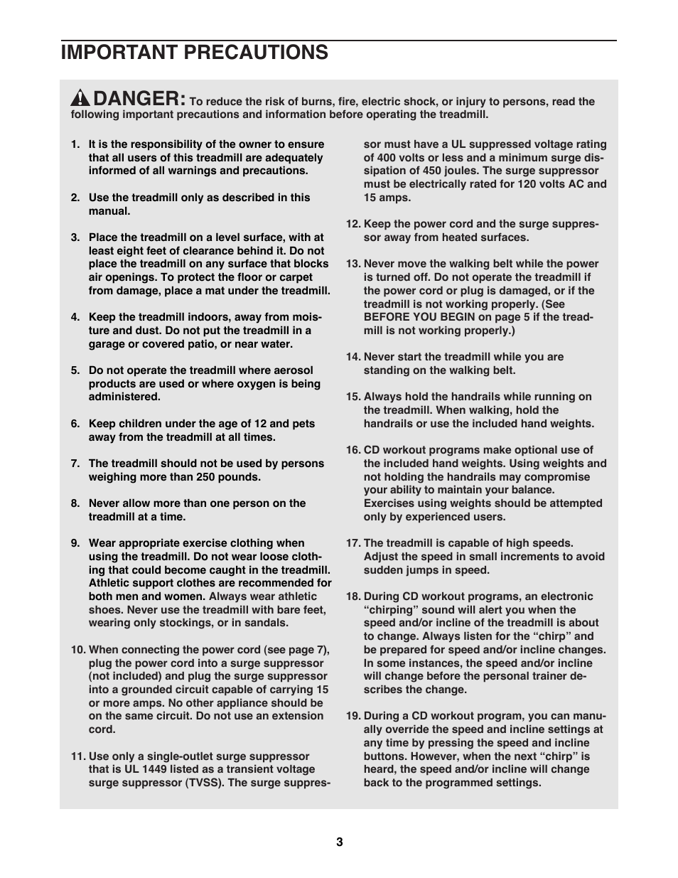 Danger, Important precautions | ProForm 985CD 831.298300 User Manual | Page 3 / 22