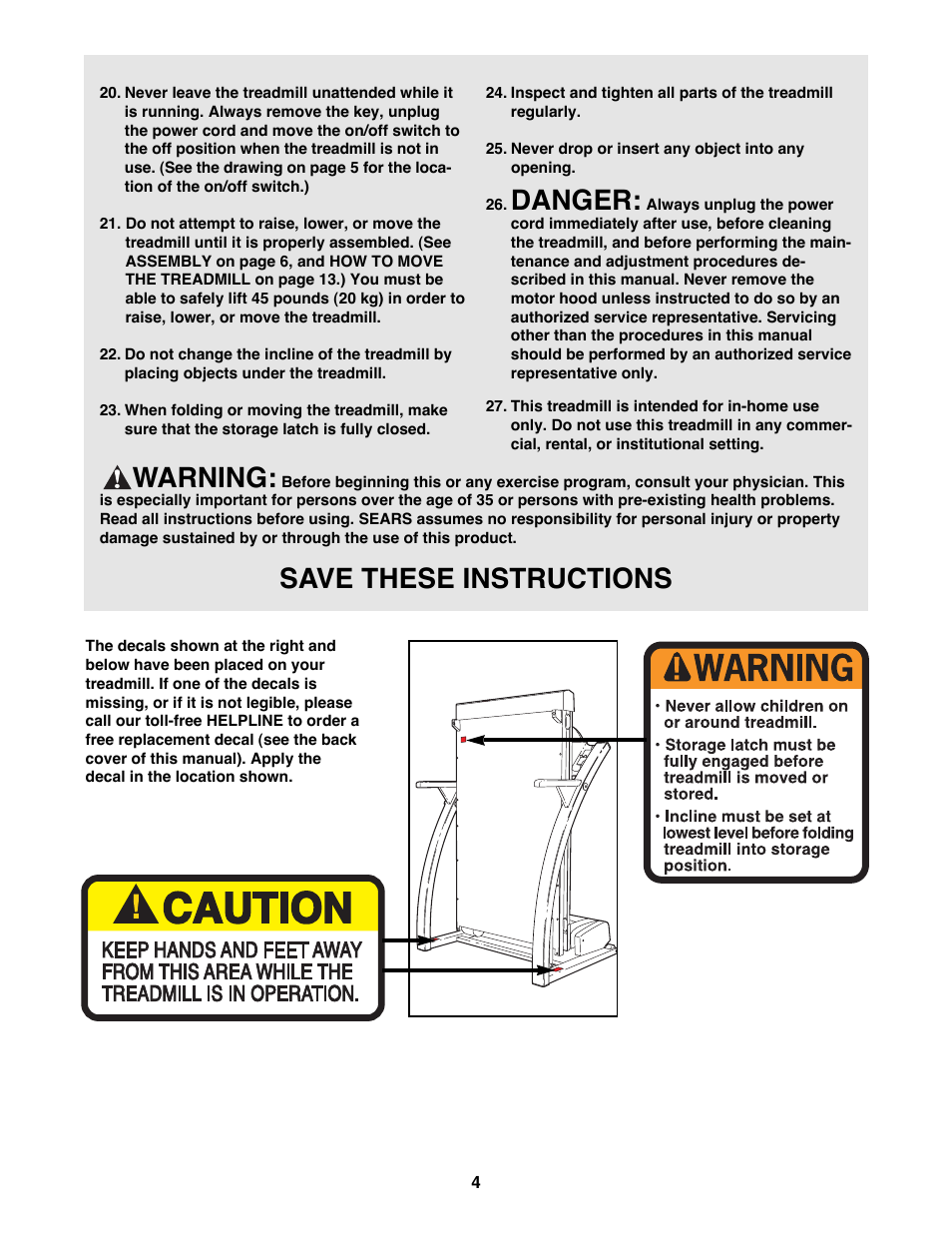 Danger, Warning, Save these instructions | ProForm 985CD 831.298300 User Manual | Page 4 / 22