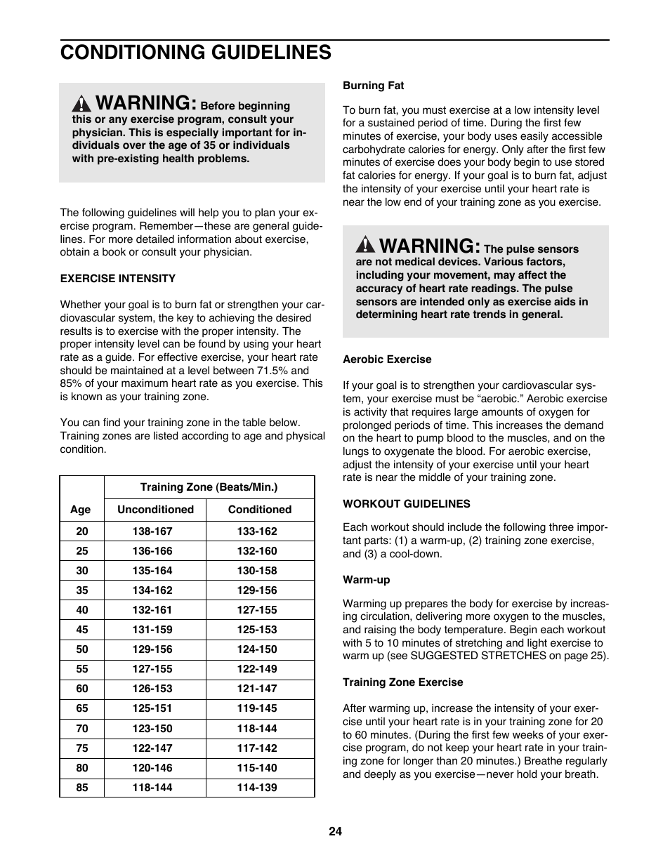 Conditioning guidelines, Warning | ProForm 831.297782 User Manual | Page 24 / 30