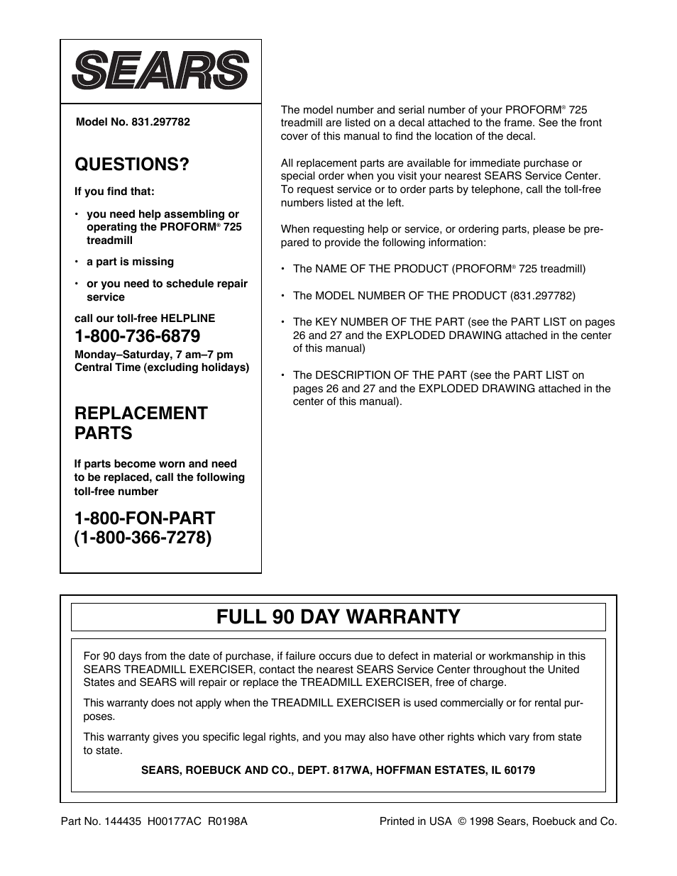 Full 90 day warranty, Questions, Replacement parts | ProForm 831.297782 User Manual | Page 30 / 30