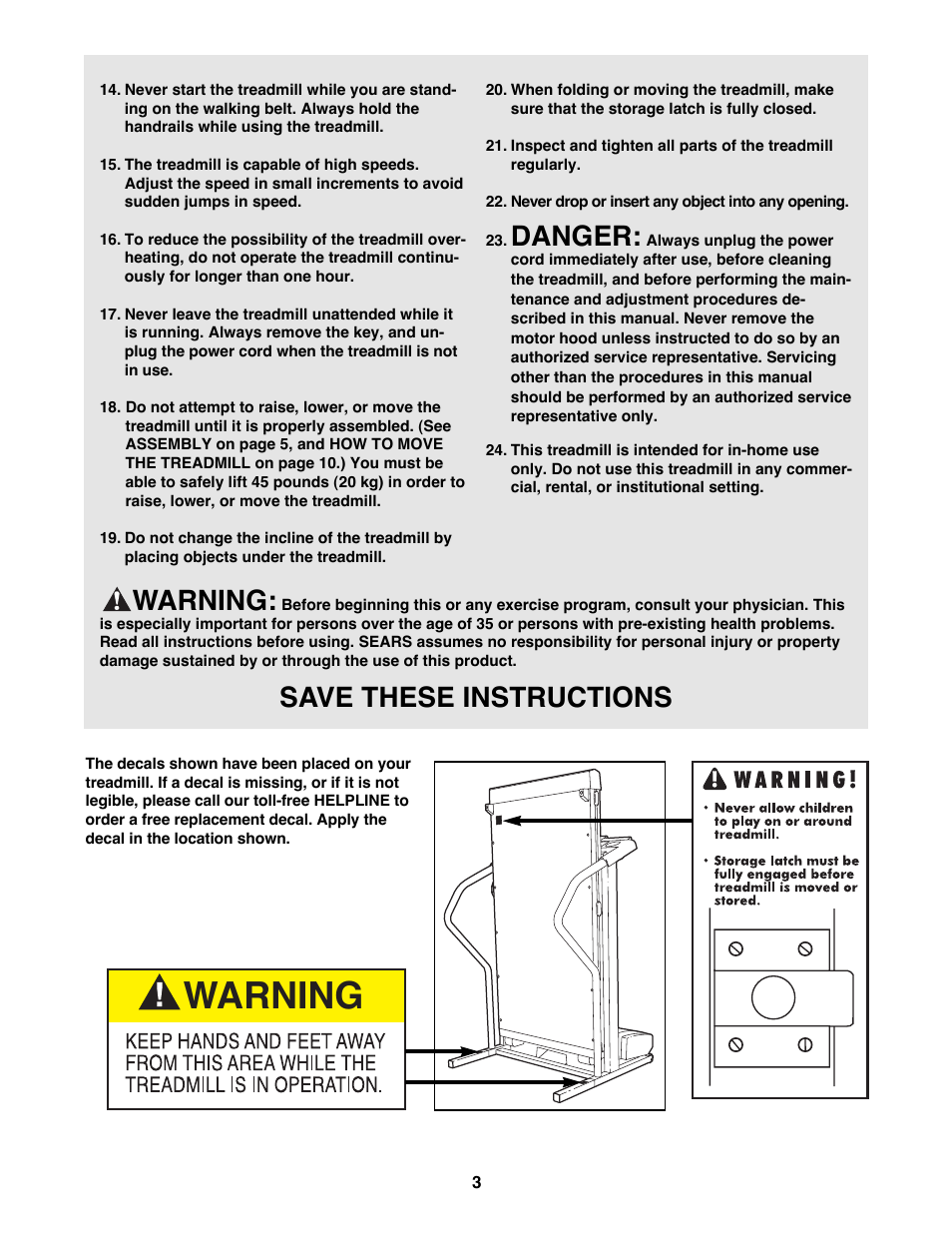 Danger, Warning, Save these instructions | ProForm 831.298070 User Manual | Page 3 / 18