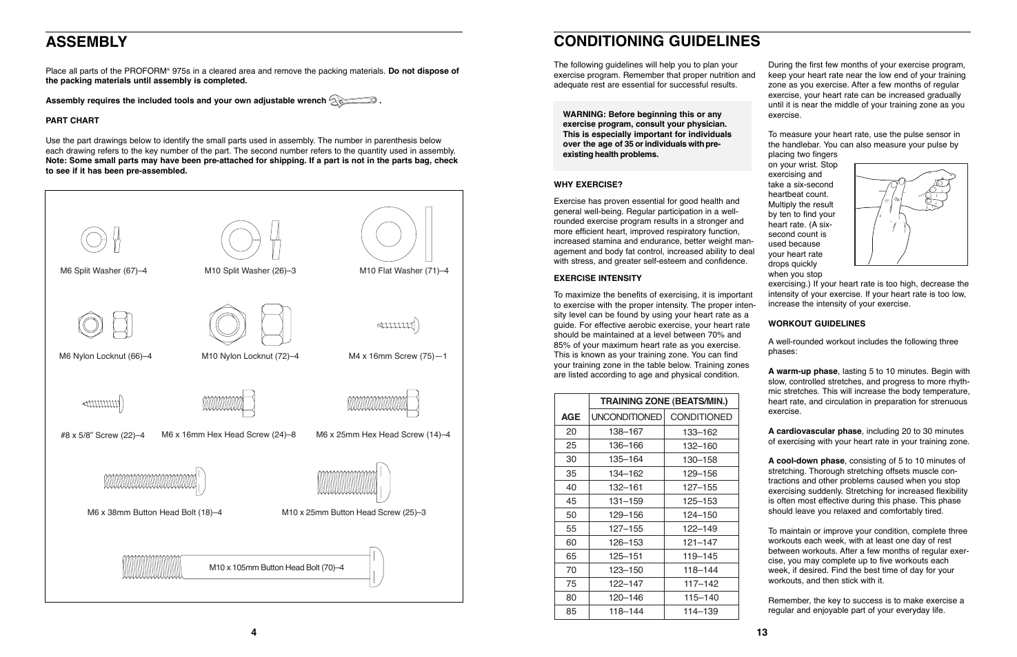 Conditioning guidelines, Assembly | ProForm 975S PFEX97571 User Manual | Page 4 / 8