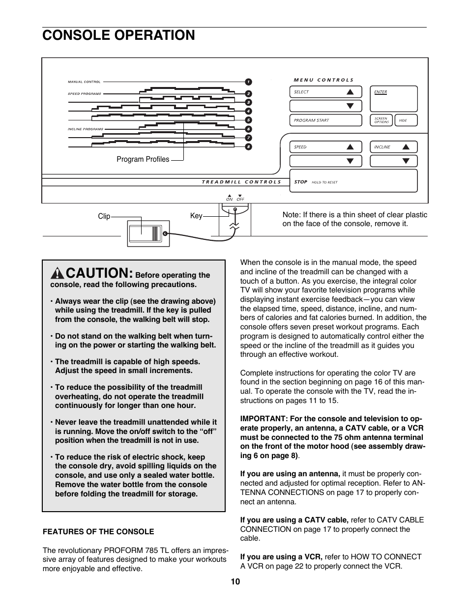 Caution, Console operation | ProForm 785 TL User Manual | Page 10 / 34