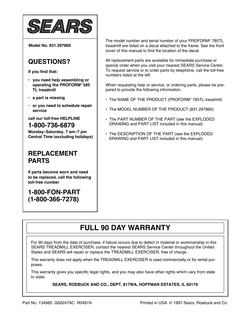 Full 90 day warranty, Questions, Replacement parts | ProForm 785 TL User Manual | Page 34 / 34