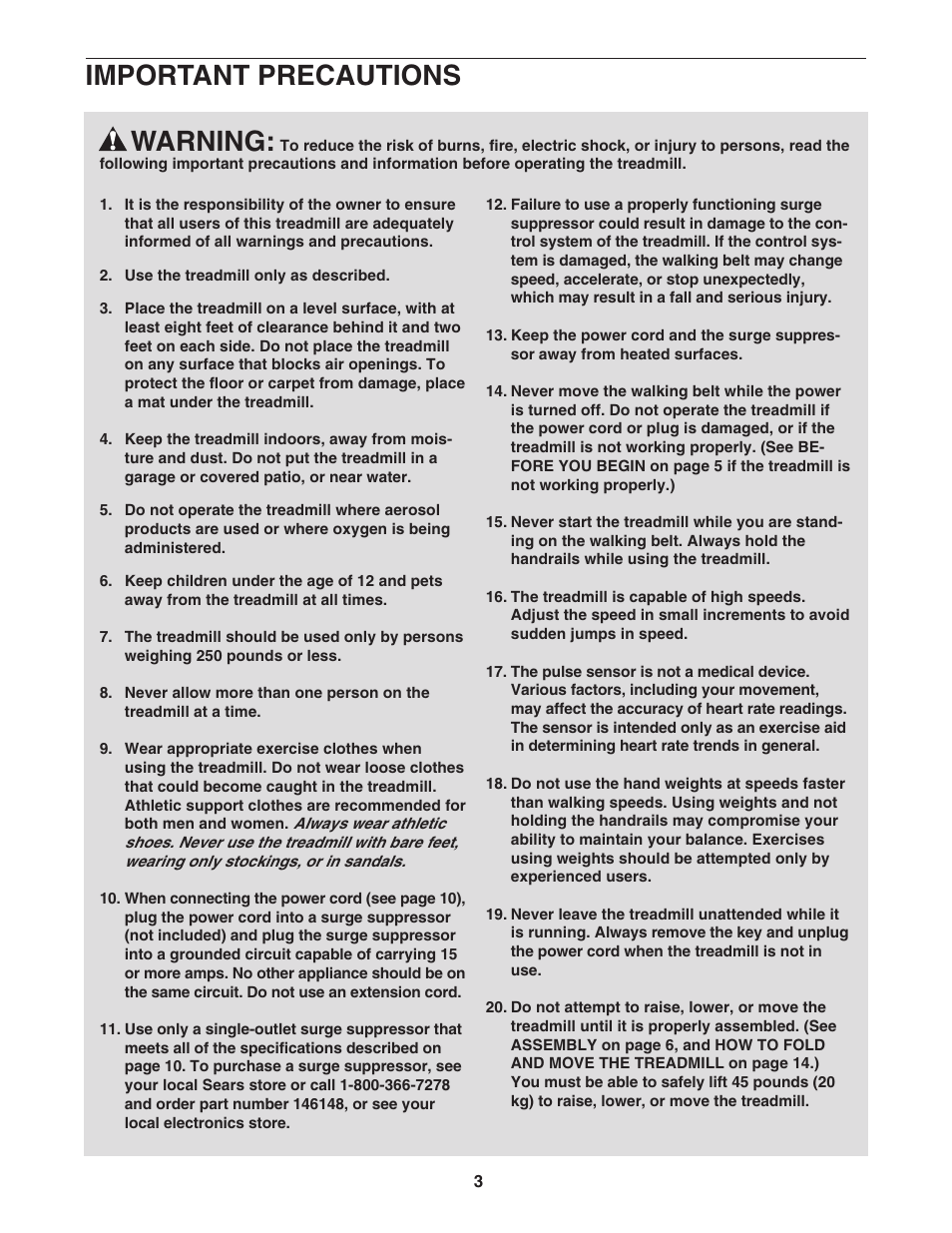 Warning, Important precautions | ProForm Crosswalk 831.295032 User Manual | Page 3 / 22