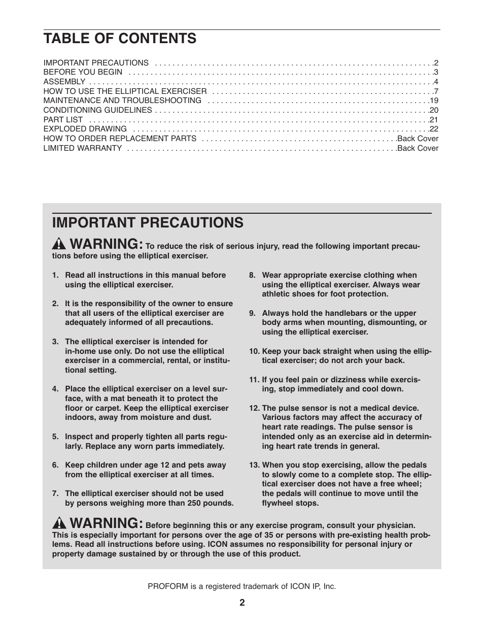 ProForm 785 S User Manual | Page 2 / 24