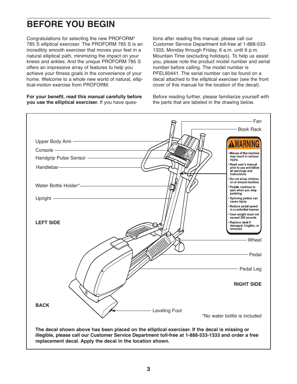 Before you begin, Rev–b 2 | ProForm 785 S User Manual | Page 3 / 24