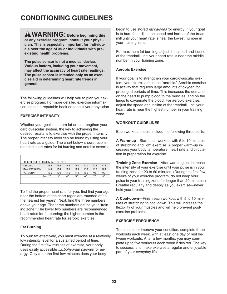 Conditioning guidelines, Warning | ProForm 595Pi User Manual | Page 23 / 26
