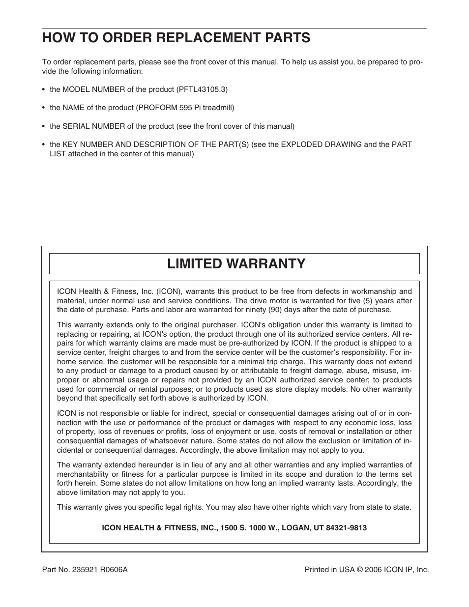 Limited warranty, How to order replacement parts | ProForm 595Pi User Manual | Page 26 / 26