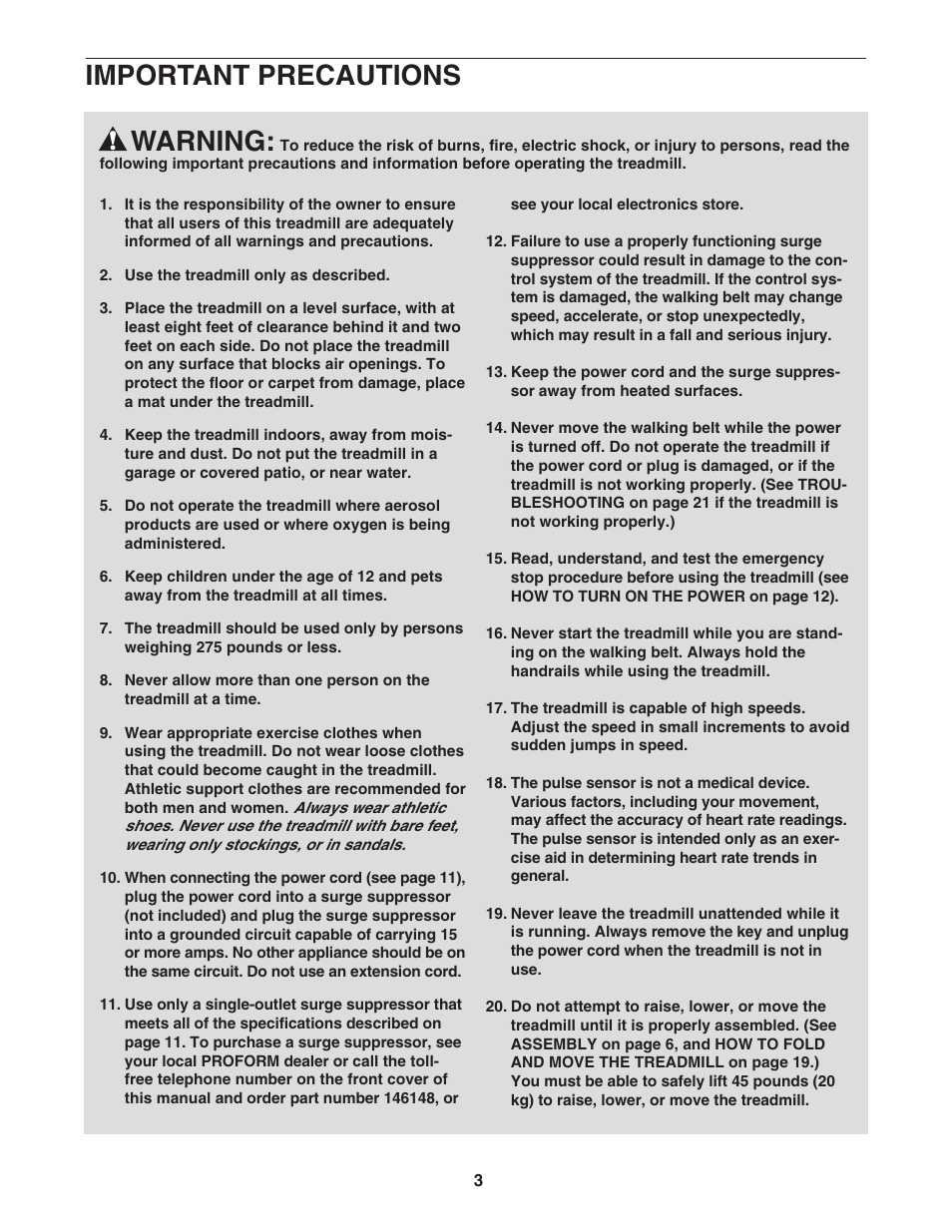 Warning, Important precautions | ProForm 595Pi User Manual | Page 3 / 26