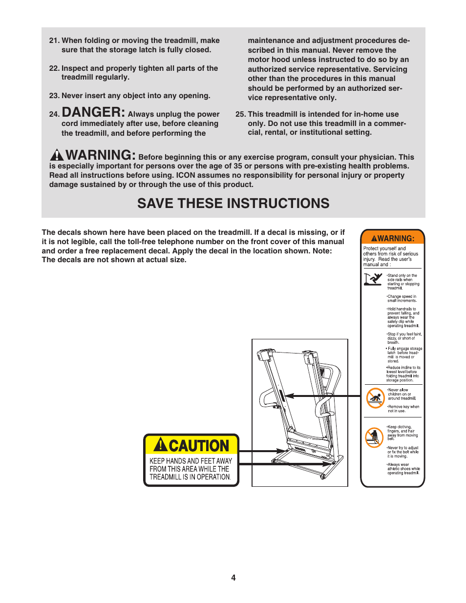 Danger, Warning, Save these instructions | ProForm 595Pi User Manual | Page 4 / 26