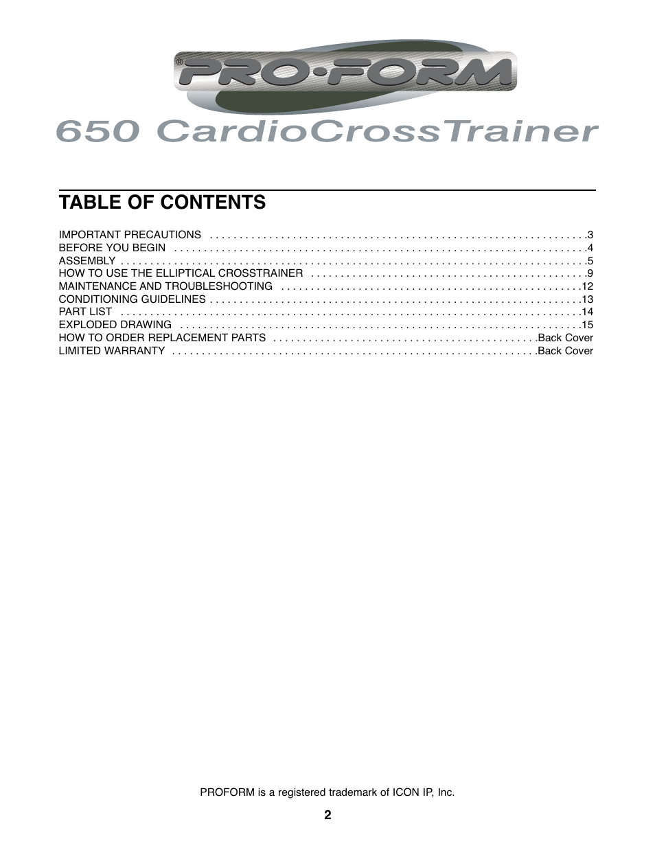 ProForm CardioCross Trainer PFEL29222 User Manual | Page 2 / 16