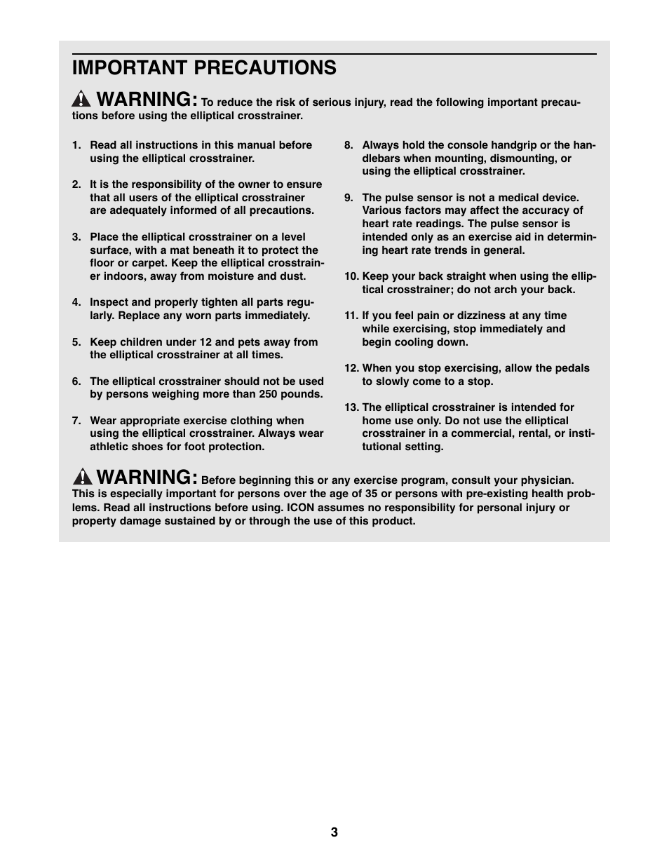 Important precautions warning, Warning | ProForm CardioCross Trainer PFEL29222 User Manual | Page 3 / 16