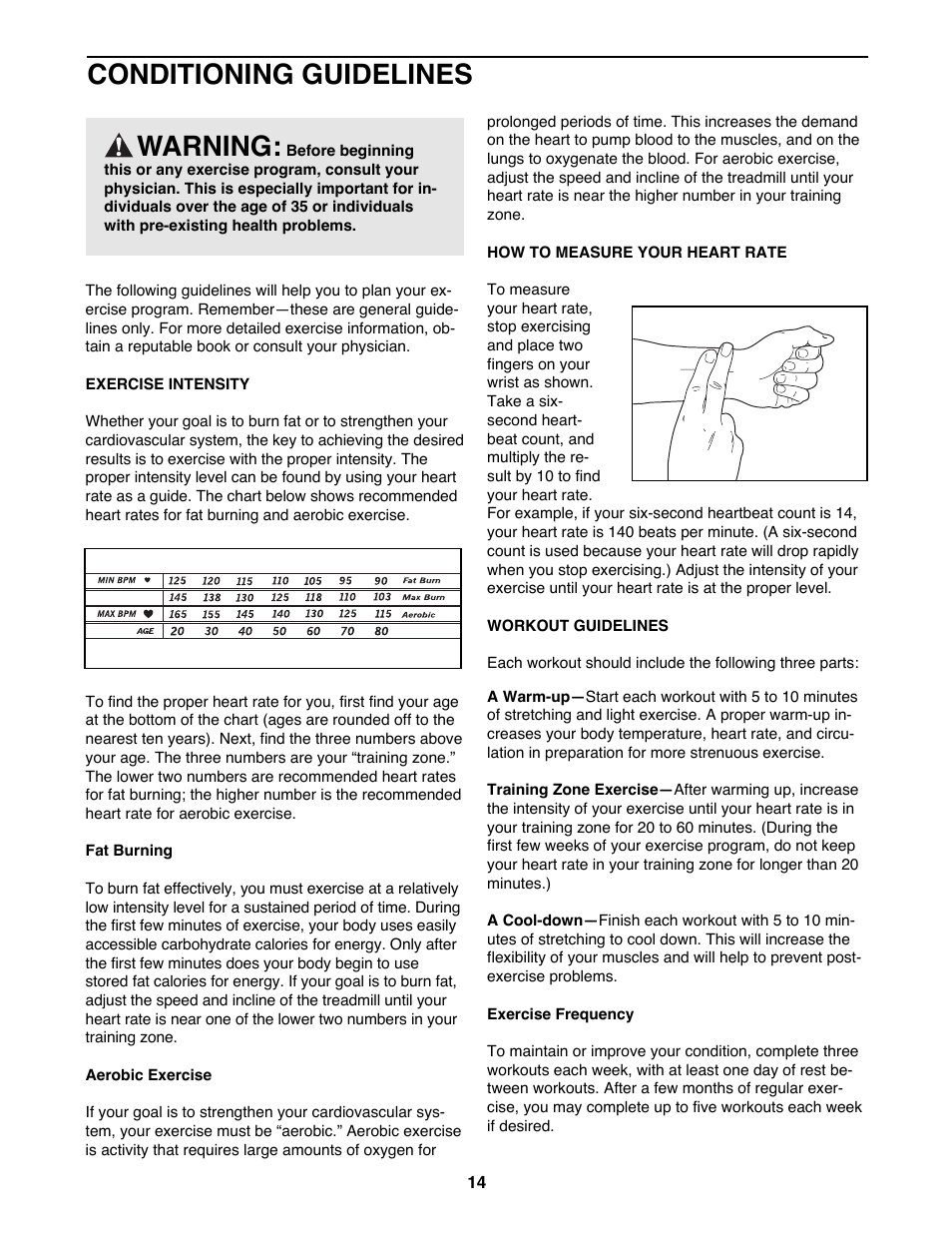 Conditioning guidelines, Warning | ProForm 831.297950 User Manual | Page 14 / 18