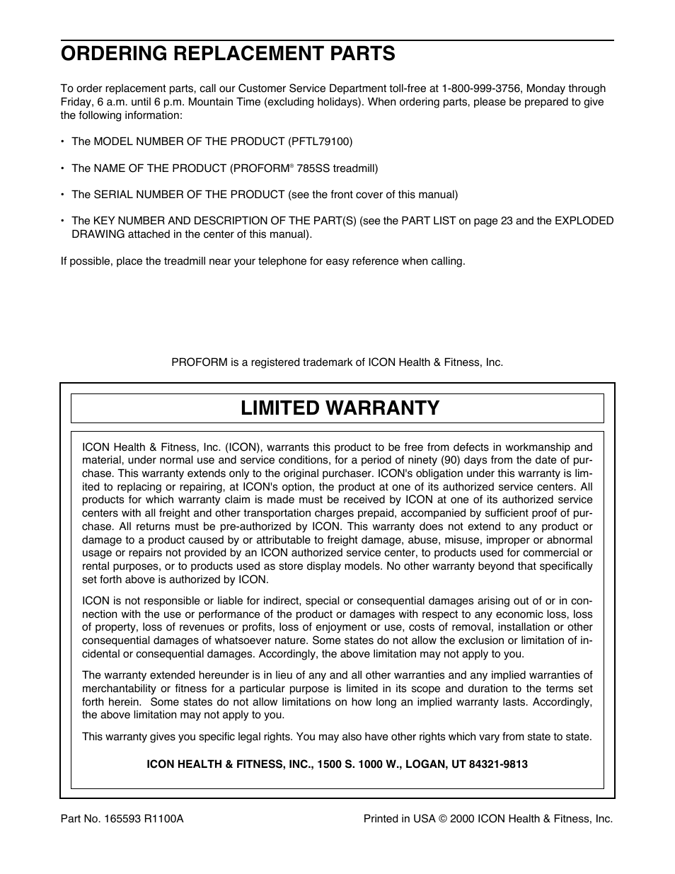 Ordering replacement parts, Limited warranty | ProForm PFTL79100 User Manual | Page 26 / 26