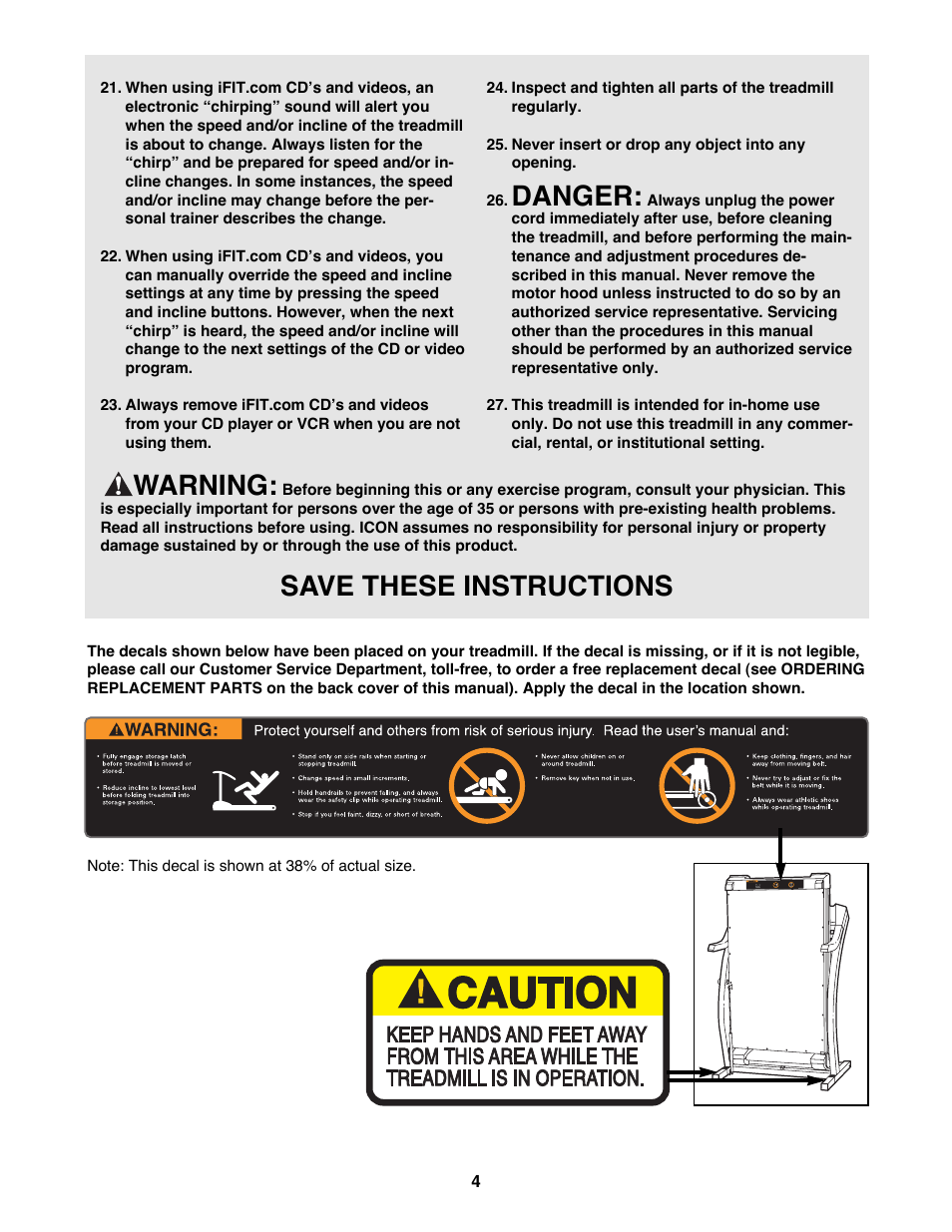 Danger, Warning, Save these instructions | ProForm PFTL79100 User Manual | Page 4 / 26