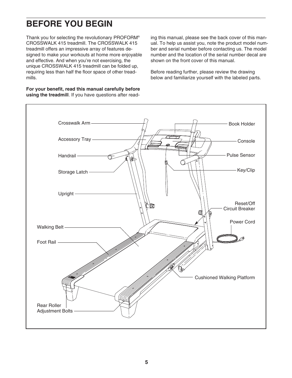 Before you begin | ProForm Crosswalk 831.24723.1 User Manual | Page 5 / 28