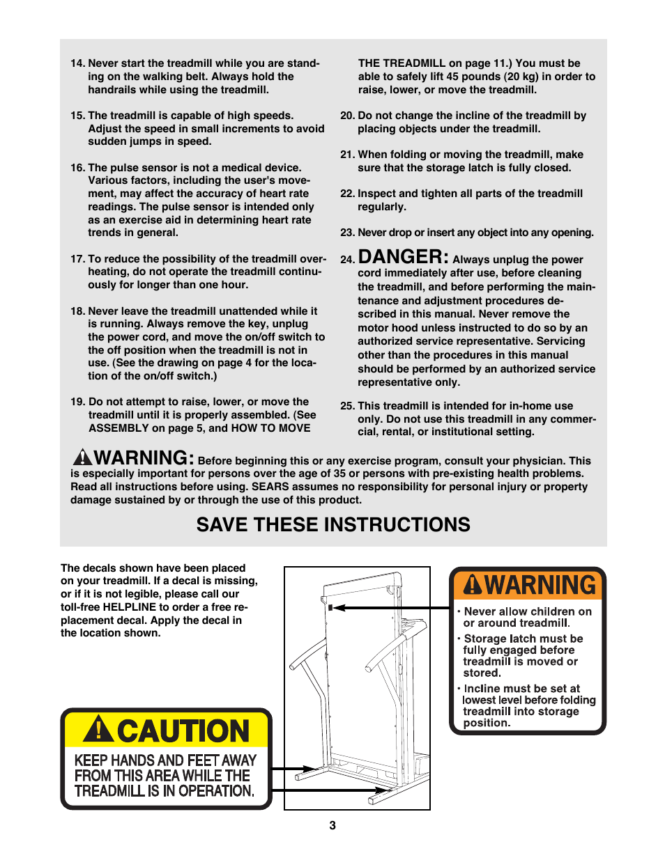 Danger, Warning, Save these instructions | ProForm 831.297692 User Manual | Page 3 / 18