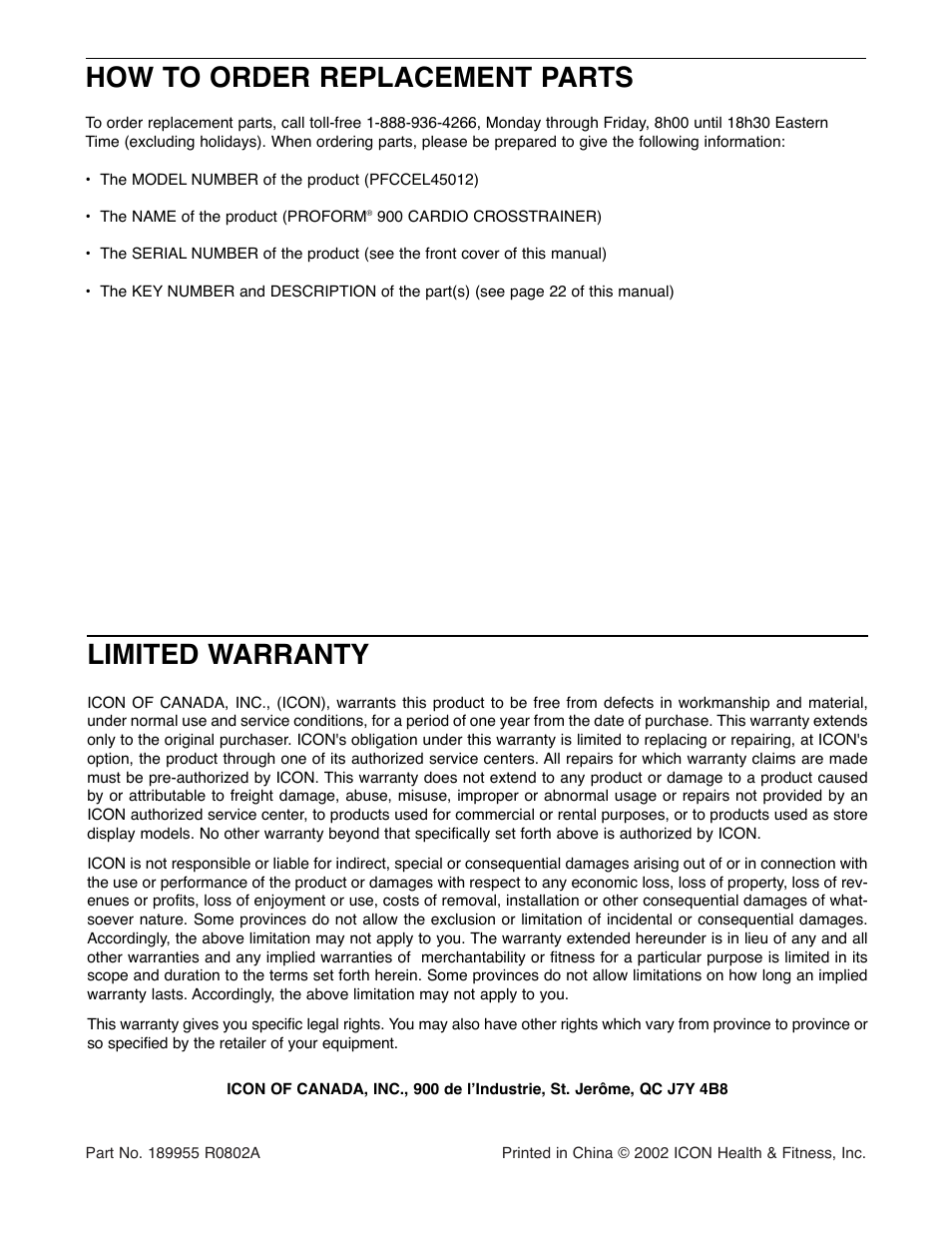 How to order replacement parts, Limited warranty | ProForm PFCCEL45012 User Manual | Page 24 / 24