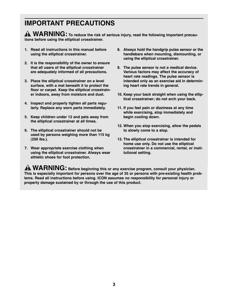 Important precautions warning, Warning | ProForm PFCCEL45012 User Manual | Page 3 / 24