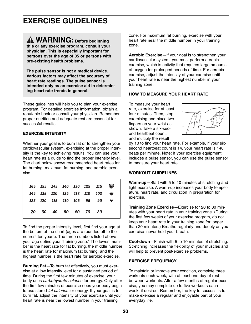 Exercise guidelines warning | ProForm Razor 831.23743.0 User Manual | Page 20 / 28