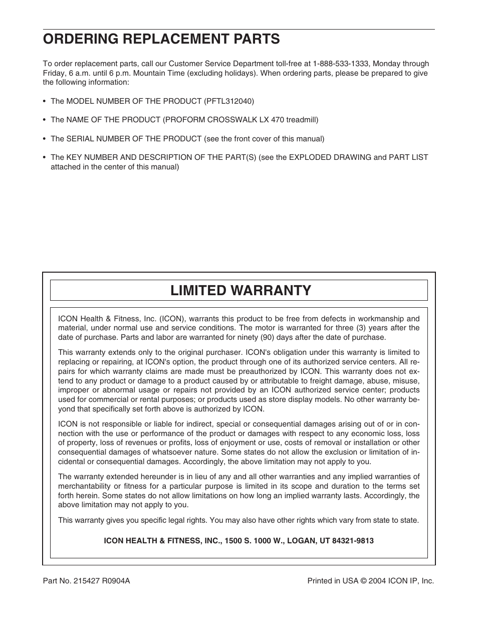 Ordering replacement parts, Limited warranty | ProForm CrossWalk PFTL312040 User Manual | Page 23 / 23