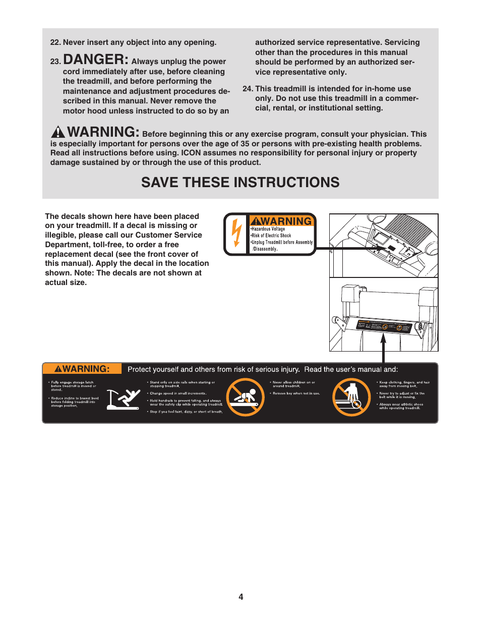 Warning, Save these instructions, Danger | ProForm CrossWalk PFTL312040 User Manual | Page 4 / 23