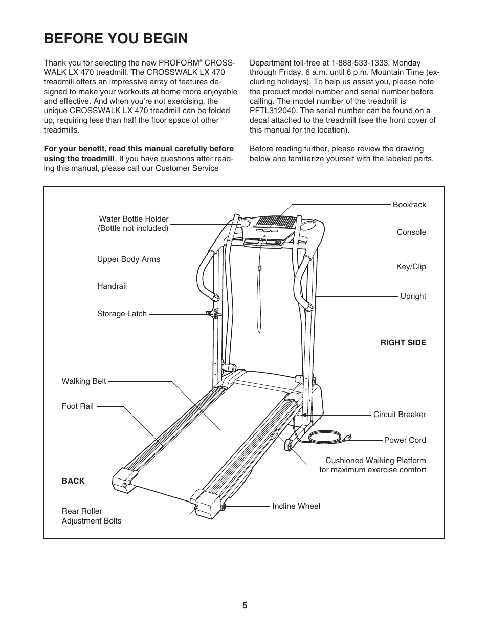 Before you begin | ProForm CrossWalk PFTL312040 User Manual | Page 5 / 23