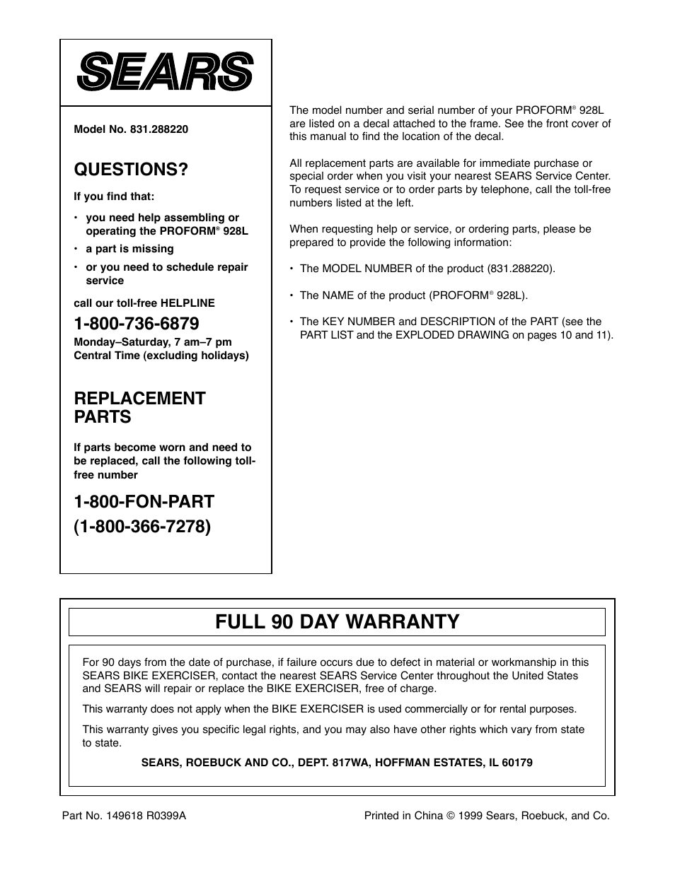 Full 90 day warranty, Questions, Replacement parts | ProForm 928L User Manual | Page 12 / 12