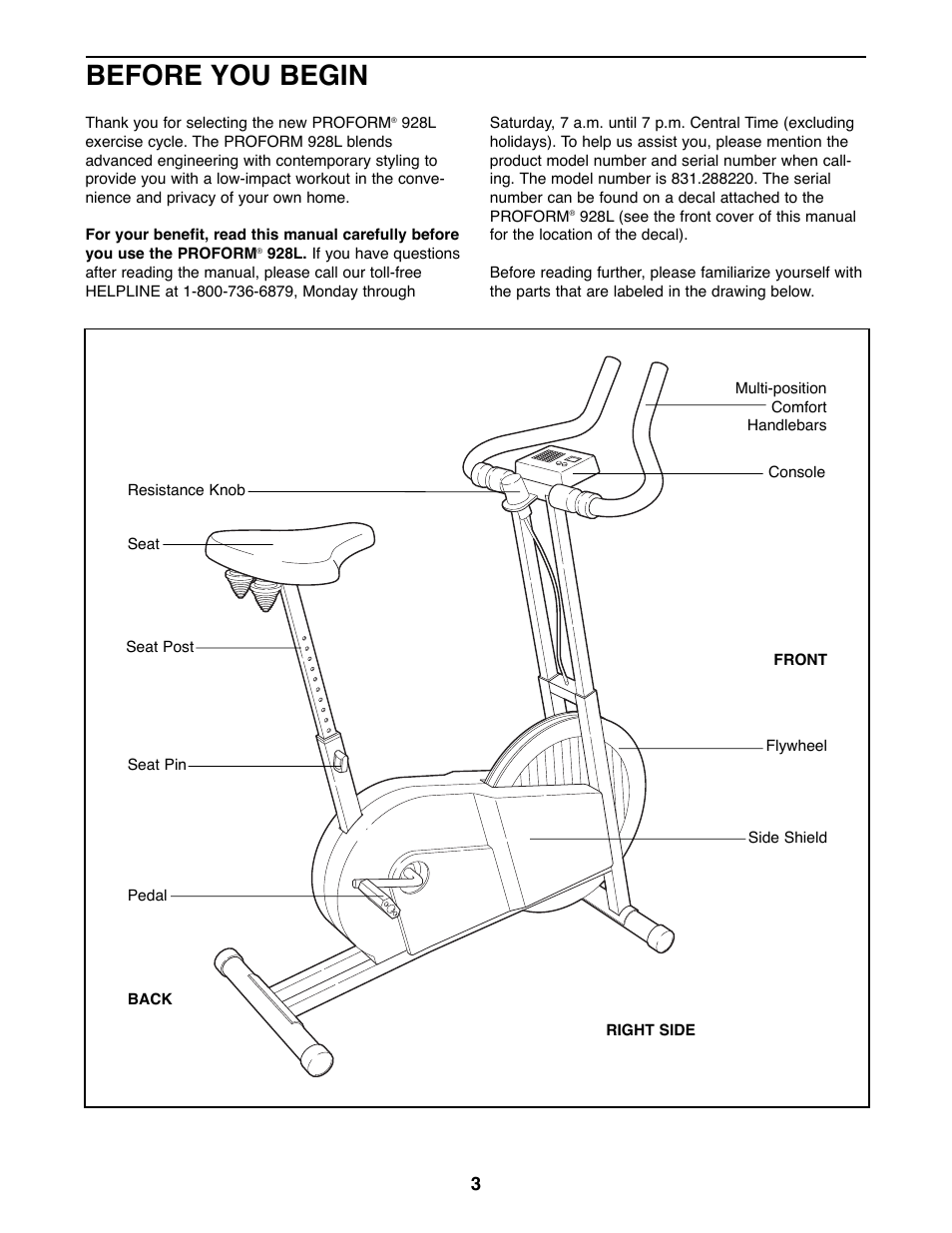 Before you begin | ProForm 928L User Manual | Page 3 / 12