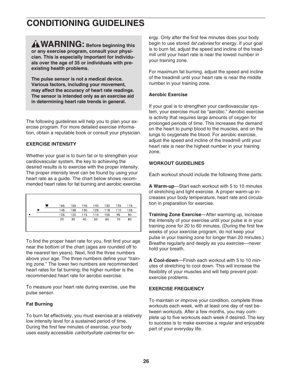 Conditioning guidelines, Warning | ProForm 30513.0 User Manual | Page 26 / 30