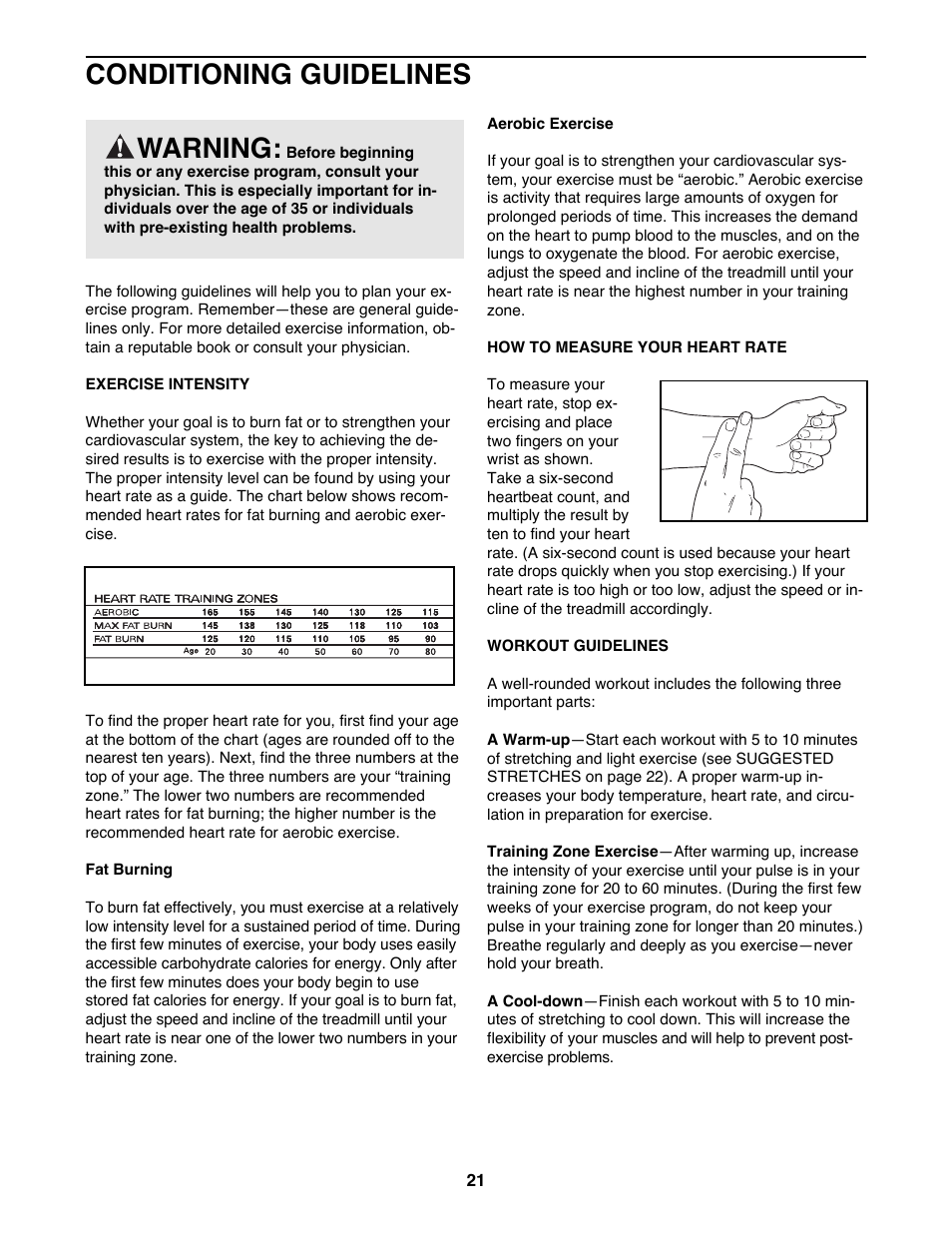 Conditioning guidelines, Warning | ProForm 831.299450 User Manual | Page 21 / 26