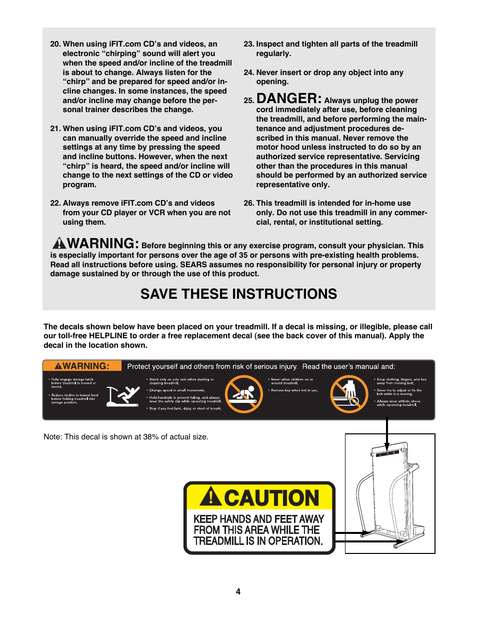 Danger, Warning, Save these instructions | ProForm 831.299450 User Manual | Page 4 / 26