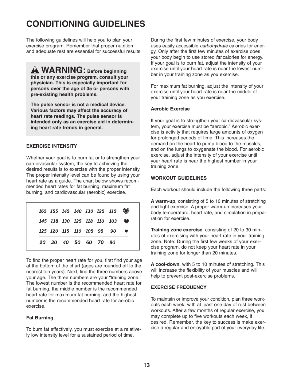 Conditioning guidelines, Warning | ProForm PFEX1995.0 User Manual | Page 13 / 16